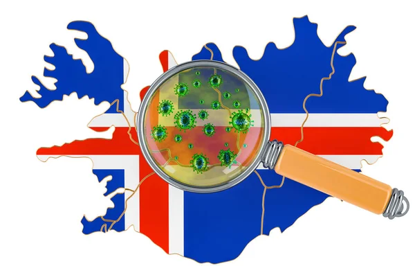 Mapa Islandês Com Coronavírus Sob Lupa Renderização Isolada Sobre Fundo — Fotografia de Stock