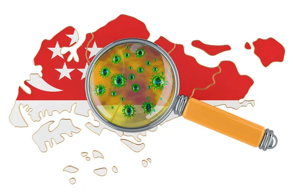 拡大鏡下のコロナウイルスとシンガポールの地図 白の背景に隔離された3Dレンダリング — ストック写真
