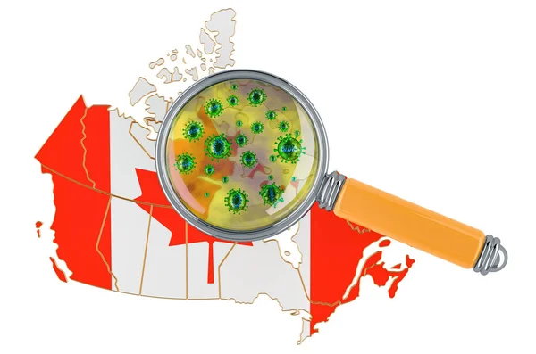 Mapa Canadense Com Coronavírus Sob Lupa Renderização Isolada Sobre Fundo — Fotografia de Stock