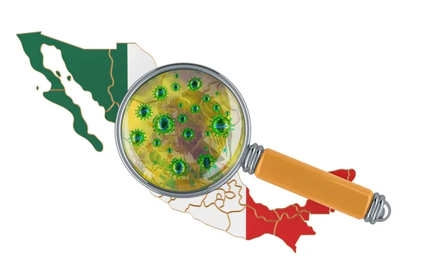 Mapa Mexicano Con Coronavirus Bajo Lupa Representación Aislada Sobre Fondo — Foto de Stock