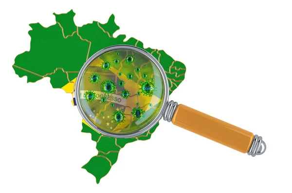 Mappa Brasiliana Con Coronavirus Sotto Lente Ingrandimento Rendering Isolato Sfondo — Foto Stock