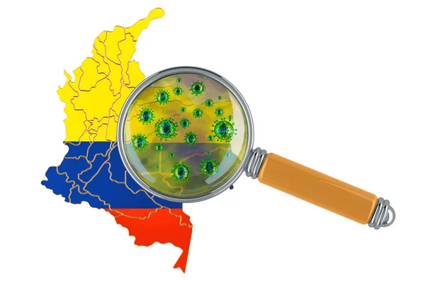 Колумбийская Карта Коронавирусом Увеличителем Рендеринг Изолирован Белом Фоне — стоковое фото
