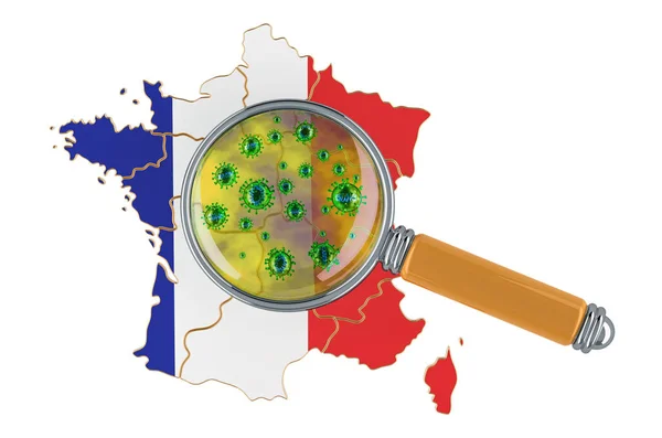 拡大鏡下のコロナウイルスとフランスの地図 白い背景に隔離された3Dレンダリング — ストック写真