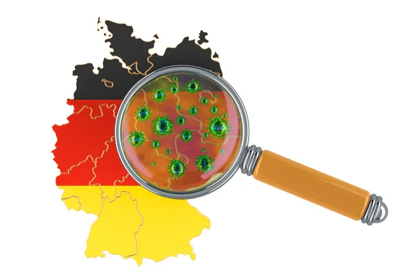 Deutsche Landkarte Mit Coronavirus Unter Lupe Darstellung Isoliert Auf Weißem — Stockfoto