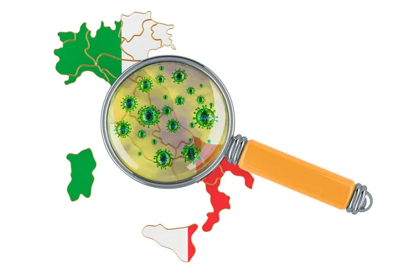 Italiaanse Kaart Met Coronavirus Onder Vergrootglas Rendering Geïsoleerd Witte Achtergrond — Stockfoto
