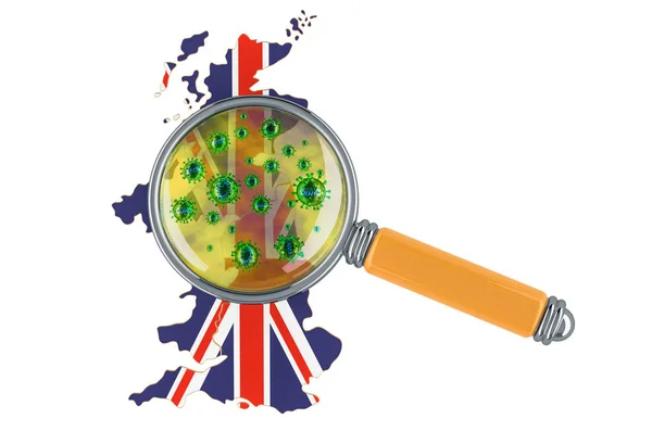 Mapa Gran Bretaña Con Coronavirus Bajo Lupa Representación Aislada Sobre — Foto de Stock