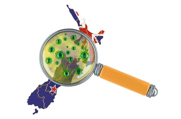 Nieuw Zeelandse Kaart Met Coronavirus Onder Vergrootglas Rendering Geïsoleerd Witte — Stockfoto