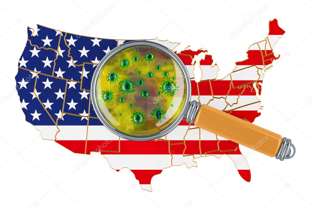 United States map with coronavirus under magnifier, 3D rendering isolated on white background