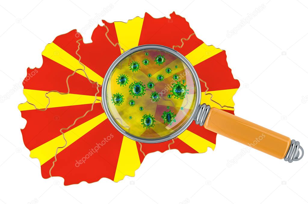 Macedonian map with coronavirus under magnifier, 3D rendering isolated on white background