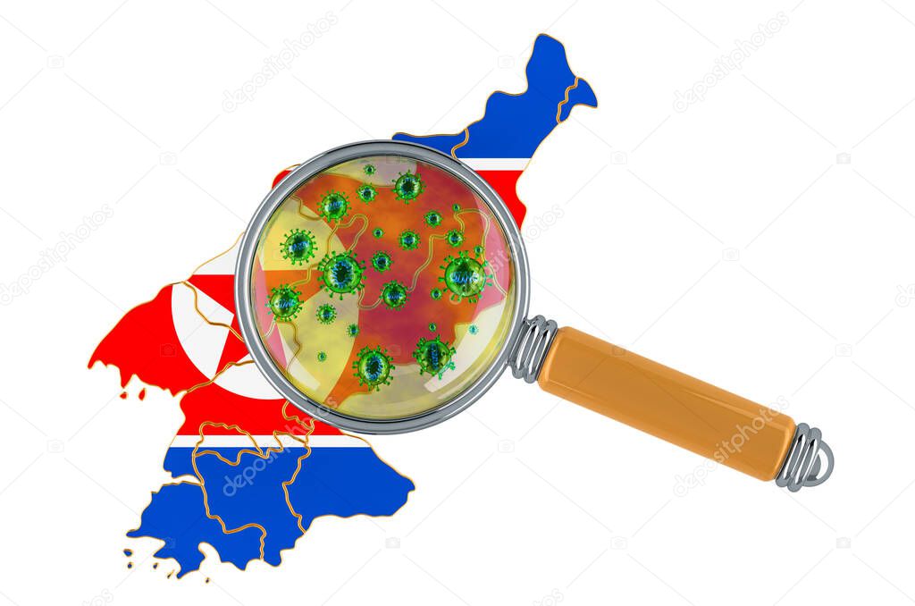 North Korea map with coronavirus under magnifier, 3D rendering isolated on white background