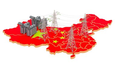 Çin 'deki elektrik santralleri, beyaz arka planda 3 boyutlu görüntüleme
