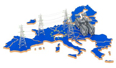 Avrupa Birliği 'nde elektrik santralleri, beyaz arka planda 3D görüntüleme