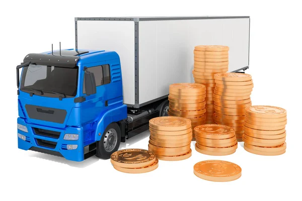 装有金币的卡车商业货运服务概念 在白色背衬上隔离3D渲染 — 图库照片