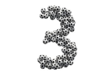 Futbol toplarından 3 numara, beyaz arkaplanda 3 boyutlu görüntüleme