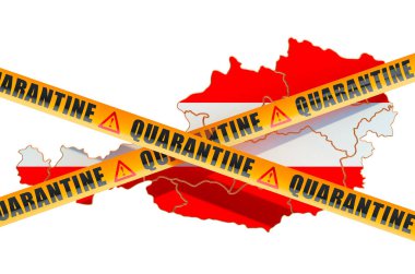 Avusturya konseptinde karantina. Dikkatli bariyer bantlı Avusturya haritası, beyaz arkaplanda 3 boyutlu görüntüleme