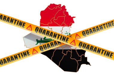Irak 'ta karantina. Dikkat bariyer bantlı Irak haritası, beyaz arkaplanda 3 boyutlu görüntüleme