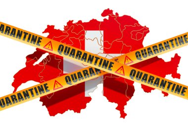 İsviçre konseptinde karantina. Dikkat bariyer bantlı İsviçre haritası, beyaz arkaplanda 3 boyutlu görüntüleme