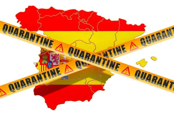 Quarantaine Espagne Concept Carte Espagnole Avec Bandes Barrière Prudence Rendu — Photo