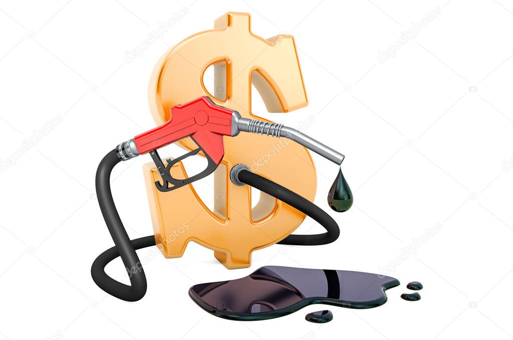 Dollar symbol with fuel pump nozzle. Oil production and trading concept. 3D rendering isolated on white background
