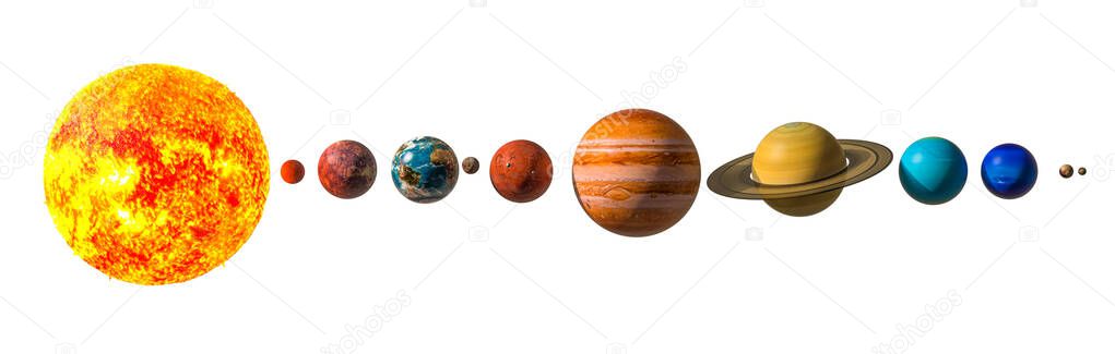 Planets of the solar system with Pluto, 3D rendering isolated on white background