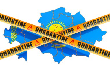 Kazakistan konseptinde karantina. Dikkat bariyer bantlı Kazak haritası, beyaz arkaplanda 3D görüntüleme
