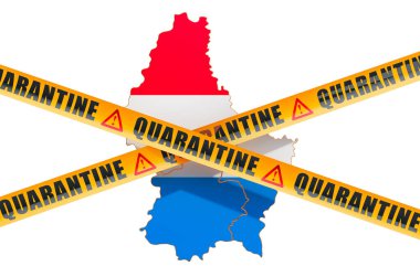 Lüksemburg konseptinde karantina. Dikkatli bariyer bantlı Lüksemburg haritası, beyaz arkaplanda 3D görüntüleme