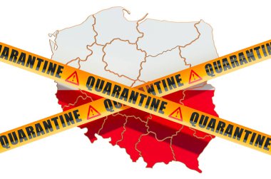 Polonya 'da karantina konsepti. Dikkatli bariyer bantlı Polonya haritası, beyaz arkaplanda 3D görüntüleme
