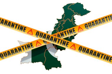 Pakistan konseptinde karantina. Dikkatli bariyer bantlı Pakistan haritası, beyaz arkaplanda 3 boyutlu görüntüleme