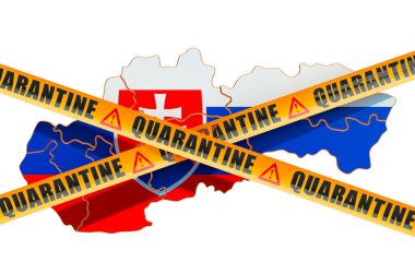 Slovakya konseptinde karantina. Dikkatli bariyer bantlı Slovakya haritası, beyaz arkaplanda 3D görüntüleme
