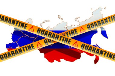 Rusya 'da karantina konsepti. Dikkatli bariyer bantlı Rus haritası, beyaz arka planda 3D görüntüleme