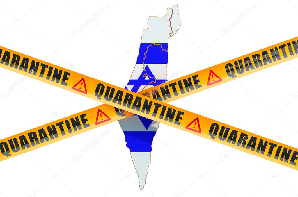 Quarantine in Israel concept. Israeli map with caution barrier tapes, 3D rendering isolated on white background