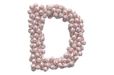 Beyzbol toplarından D harfi, beyaz arkaplanda 3 boyutlu görüntüleme