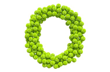 Tenis toplarından 0 harfi, beyaz arkaplanda 3 boyutlu görüntüleme