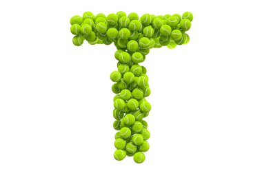 Tenis toplarından T harfi, beyaz arkaplanda 3 boyutlu görüntüleme.