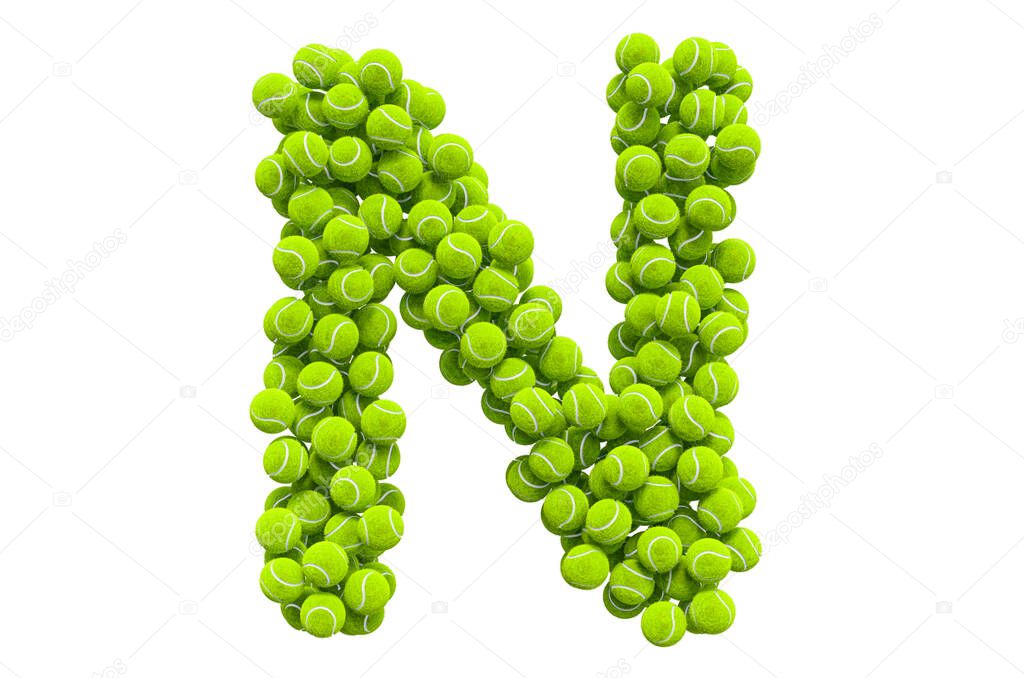 Letter N from tennis balls, 3D rendering isolated on white background