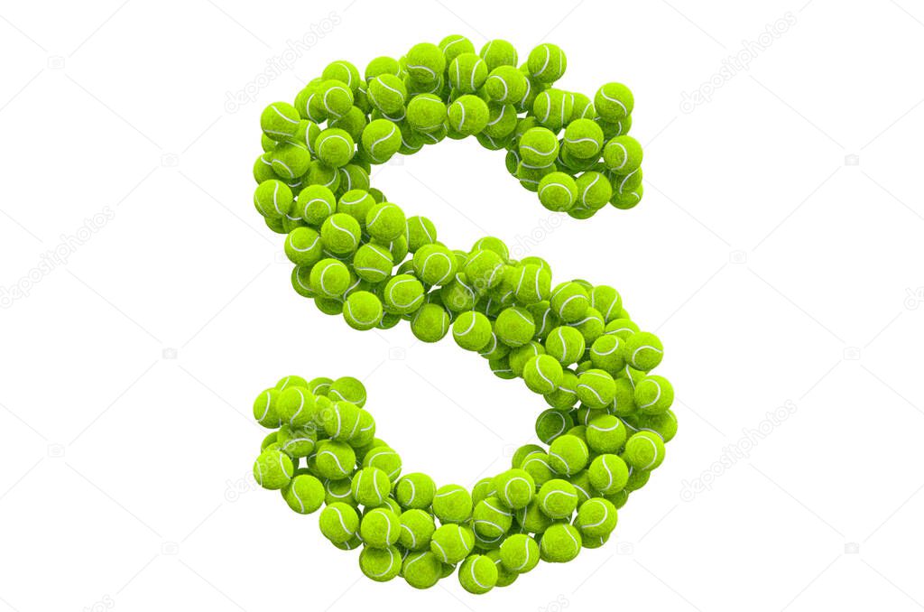 Letter S from tennis balls, 3D rendering isolated on white background