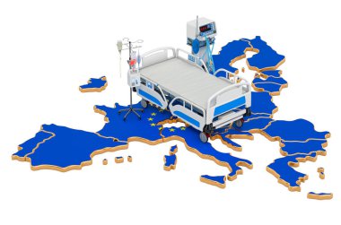 Avrupa Birliği 'nde yoğun bakım ünitesi yoğun bakım, beyaz arka planda 3 boyutlu izole edilmiş.