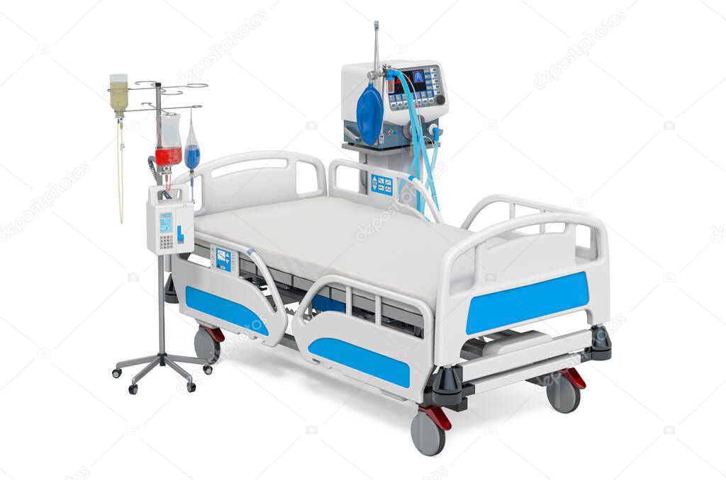 Intensive care unit, ICU. Medical ventilator, adjustable hospital bed and dropper. 3D rendering