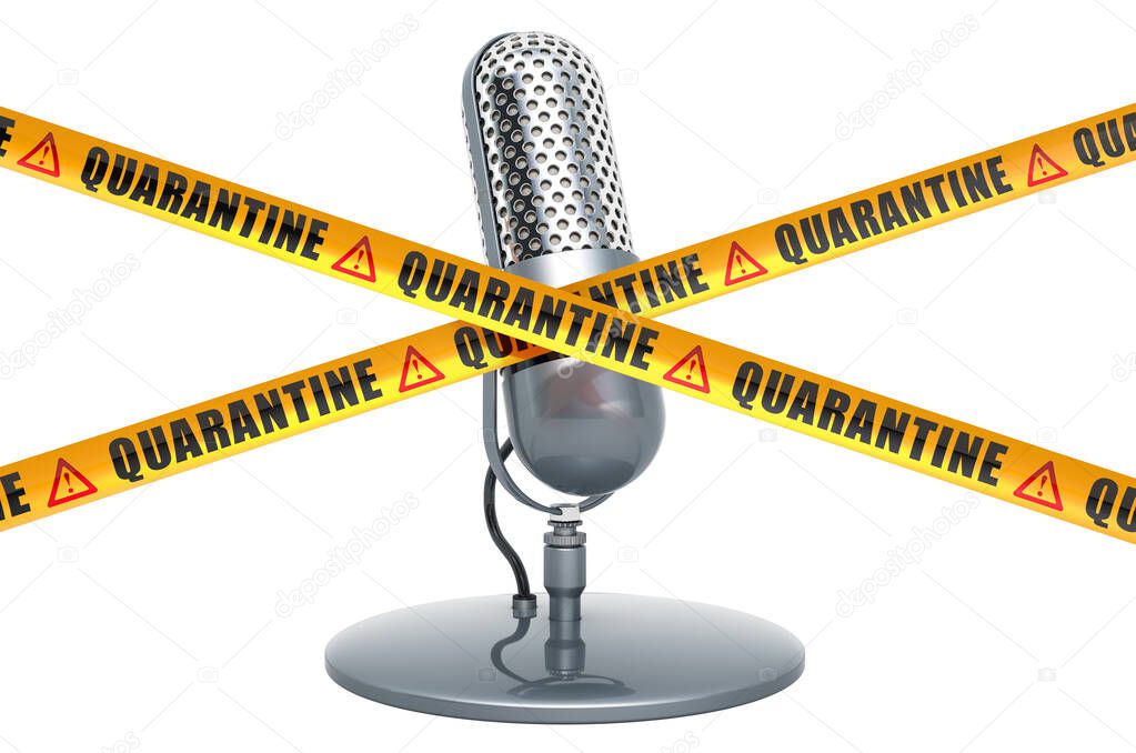 Quarantine. Cancellations of concerts, events due to coronavirus. Musical microphone with caution barrier tapes, 3D rendering isolated on white background  