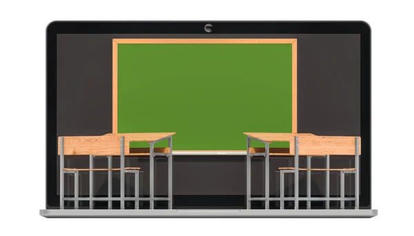 Uzaktan Eğitim Kavramı Okul Sıraları Olan Dizüstü Bilgisayar Beyaz Arkaplanda — Stok fotoğraf