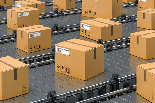 Cardboard Boxes Parcels Conveyor Lines Rendering — Stock Photo, Image