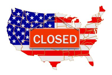 Kapalı asılma işareti olan Birleşik Devletler haritası, karantina konsepti. Beyaz arkaplanda 3B görüntüleme izole edildi