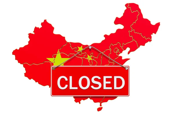 閉鎖されたぶら下げ記号 検疫の概念を持つ中国の地図 白い背景に隔離された3Dレンダリング — ストック写真