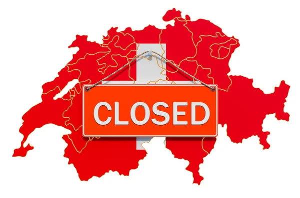 閉鎖されたハンギングサイン 隔離の概念を持つスイスの地図 白い背景に隔離された3Dレンダリング — ストック写真