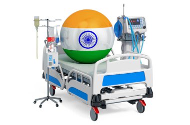 Hint Sağlık Hizmetleri, Hindistan 'da yoğun bakım. Beyaz arkaplanda 3B görüntüleme izole edildi