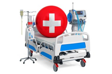 İsviçre Sağlık Hizmetleri, İsviçre 'de yoğun bakım. Beyaz arkaplanda 3B görüntüleme izole edildi