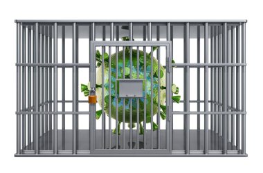 Coronavirus hapishane hücresinde, karantina konsepti. Beyaz arkaplanda 3B görüntüleme izole edildi