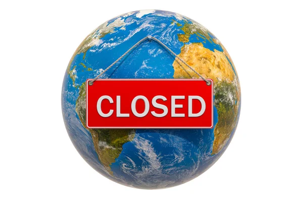 Earth Globe Closed Hanging Sign Quarantine Concept Rendering Isolated White — Stock Photo, Image