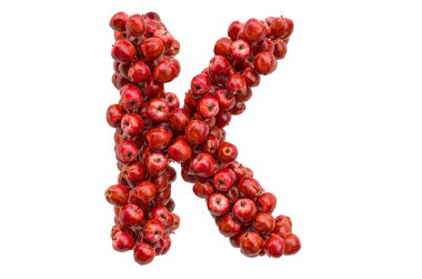 Kırmızı elmalardan K harfi, beyaz arkaplanda 3 boyutlu görüntüleme