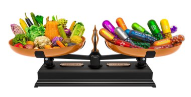 Denge konsepti, sebze ya da vitamin takviyesi. Beyaz arkaplanda 3B görüntüleme izole edildi